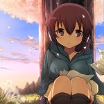  blush brown_eyes brown_hair cloud clouds grass hair_between_eyes headphones headpjones hoodie looking_at_viewer open_mouth original petals sheet_music short_hair sitting sky solo tree wind zuzu 