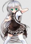  ahoge bow checkered checkered_skirt green_eyes grey_hair haiyore!_nyaruko-san highres ichigohou long_hair nyarlathotep_(nyaruko-san) open_mouth posing shira_ichigo_(ichigohou) skirt solo thigh-highs thighhighs very_long_hair white_legwear zettai_ryouiki 