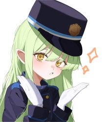  1girl absurdres blue_archive epaulettes gloves green_hair hair_between_eyes hands_up hat highres hijo_(nakare2845) hikari_(blue_archive) long_hair long_sleeves looking_at_viewer military_hat open_mouth pointy_ears simple_background solo sparkle train_conductor upper_body white_background white_gloves yellow_eyes 