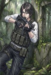  1boy absurdres black_gloves black_pantyhose blue_eyes brown_hair bulletproof_vest cowboy_shot earrings final_fantasy final_fantasy_viii fingerless_gloves gloves gun hair_between_eyes highres holding holding_gun holding_weapon holster jewelry jungle locke_otaku looking_at_viewer male_focus nature pantyhose parted_bangs parted_lips ruins scar scar_on_face scar_on_forehead shirt short_hair single_earring sleeves_rolled_up solo squall_leonhart thigh_holster weapon white_shirt 