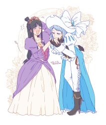  2girls absurdres ace_attorney arch arm_behind_head artist_name ascot bent_over black_boots black_gloves black_hair blush boots bow dated dress flower franziska_von_karma frilled_pants frills gloves gown grey_eyes grey_hair hamanoguriguri highres holding_hands holstered jewelry juliet_sleeves large_hat light_smile long_hair long_sleeves maya_fey mole mole_under_eye multiple_girls musketeer necklace pants princess puffy_sleeves purple_dress short_hair smile tiara twitter_username whip white_ascot white_background white_bow white_pants yuri 