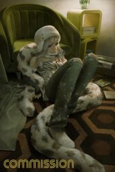  1girl absurdres animal_print bare_shoulders black_bow black_gloves blue_eyes boombox bow bowtie butterfly_print cd_case commission couch denim detached_collar elbow_gloves fingerless_gloves fur_hat gloves hat highres indoors jeans jewelry kanikumi_toi long_hair necklace on_floor original pants partially_shaded_face patterned_background patterned_legwear shirt sidelighting solo spotted_fur strapless strapless_shirt torn_clothes torn_jeans torn_pants ushanka watermark white_hair white_shirt 