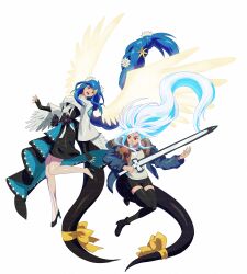  2girls absurdres ashensol black_thighhighs blue_hair blue_jacket boots bow fingerless_gloves flower gloves guilty_gear guilty_gear_strive guilty_gear_strive:_dual_rulers hair_flower hair_ornament high_heels highres holding holding_sword holding_weapon jacket jacket_over_jacket mother_and_daughter multiple_girls red_eyes simple_background smile sword tail tail_bow tail_ornament teeth thigh-highs unika_(guilty_gear) upper_teeth_only weapon 
