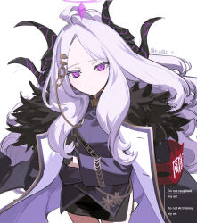  1girl ahoge armband artist_name black_coat black_gloves black_horns black_jacket black_skirt blue_archive buttons closed_mouth coat coat_on_shoulders cowboy_shot crossed_arms curled_horns demon_girl demon_horns fluffy_hair forehead fur-trimmed_coat fur_coat fur_trim gloves hair_ornament hairclip halo hashtag-only_commentary hina_(blue_archive) horns jacket jitome kawaguchi_(mojacome) light_smile long_hair long_sleeves middle_part military_dress_uniform military_jacket military_uniform miniskirt multiple_horns open_clothes open_coat parallel_hairclips parted_bangs pencil_skirt purple_halo red_armband shoulder_belt side_slit simple_background skirt solo twitter_username violet_eyes watermark white_background white_hair 