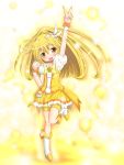  :d arm_up blonde_hair blush cure_peace highres kise_yayoi leg_up long_hair magical_girl open_mouth ponytail precure sakuraebi_chima skirt smile smile_precure! solo standing_on_one_leg v wrist_cuffs yellow_eyes 