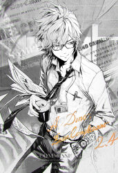  1boy absurdres arm_tattoo belt bespectacled breast_pocket collared_shirt commentary commission cup dino_(reborn) disposable_coffee_cup disposable_cup english_commentary glasses highres holding holding_cup id_card ivdimension katekyo_hitman_reborn lanyard looking_to_the_side male_focus open_collar pants paper parted_bangs pocket shirt shirt_tucked_in short_hair sideways_glance sleeve_cuffs solo tattoo watch watch watermark wing_collar 