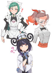  ! 3girls ? apron belt black_bow black_bowtie black_dress black_hair black_romper blue_eyes blue_gloves blunt_bangs blush bob_cut bow bowtie braid braided_ponytail breasts closed_mouth coat dress eitopondo glasses gloves gradient_hair green_hair griselle_(pokemon) gwynn_(pokemon) hat highres juliet_sleeves lebanne_(pokemon) long_braid long_hair long_sleeves looking_at_viewer maid maid_apron maid_headdress medium_breasts mega_stone multicolored_hair multiple_girls o-ring o-ring_belt open_clothes open_coat orange_apron orange_hair partially_fingerless_gloves pokemon pokemon_legends:_z-a ponytail puffy_sleeves purple_hair red_hair romper shirt short_hair simple_background split_ponytail sweatdrop tsurime two-tone_hair violet_eyes waist_apron white-framed_eyewear white_background white_bow white_bowtie white_coat white_hair white_shirt 