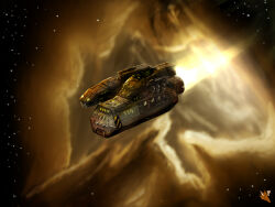  artist_logo brown_theme cloud_background clouds commentary cruiser_(eve_online) english_commentary eve_online flying glowing highres industrial_ship_(eve_online) logo minmatar_republic_(eve_online) nebula no_humans novafox original outdoors science_fiction sky space spacecraft star_(sky) starry_sky thukker_mix_(eve_online) vehicle_focus 