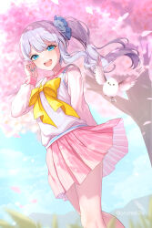 1girl bird blue_eyes blue_sky bow cherry_blossoms commentary_request commission day grey_hair hand_on_own_face highres indie_virtual_youtuber miniskirt mirea_sheltzs open_mouth outdoors pink_sailor_collar pink_skirt pleated_skirt sailor_collar school_uniform serafuku shirt side_ponytail skeb_commission skirt sky smile solo sunlight sweater_vest teeth tree upper_teeth_only uruha_(yw1109) virtual_youtuber white_shirt white_sweater_vest yellow_bow 
