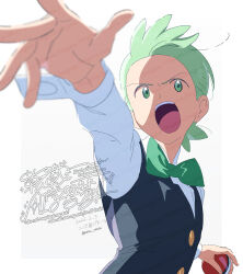  1boy black_vest blurry blurry_foreground border bow bowtie buttons cilan_(pokemon) collared_shirt green_bow green_bowtie green_eyes green_hair grey_background highres holding holding_poke_ball long_sleeves male_focus open_mouth outside_border outstretched_arm poke_ball poke_ball_(basic) pokemon pokemon_bw serizawa_serizane shirt short_hair simple_background solo upper_body vest watermark white_border white_shirt 