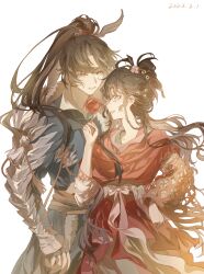  1boy 1girl :d absurdres arm_armor black_hair blue_eyes blue_robe cheng_heguang chinese_clothes chinese_commentary commentary_request dated food fur-trimmed_robe fur_trim hair_bun hand_up hanfu highres holding holding_food linglinglinglingdai91375 looking_at_another open_mouth paper_heron ponytail profile red_hanfu reverse:1999 robe smile upper_body white_background 