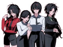  4girls aomi_(ooe) ariake_(ooe) black_hair black_necktie black_pants black_shorts black_skirt black_suit black_thighhighs blazer breasts commentary_request cowboy_shot eyeliner eyepatch genderswap genderswap_(mtf) hair_intakes hair_over_one_eye hair_over_shoulder hand_up hands_in_pockets hands_on_another's_arm hands_up highres jacket kyon_(kyonrp33f) large_breasts long_hair long_sleeves looking_at_viewer makeup multiple_girls necktie one_eye_covered ooe_(game) oosaki_(ooe) open_mouth pants parted_bangs red_eyeliner red_eyes red_shirt round_eyewear shinbashi_(ooe) shirt short_hair shorts simple_background skirt sleeves_rolled_up suit thigh-highs three-quarter_sleeves very_long_hair white_background white_shirt 