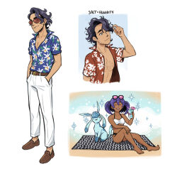  1boy 1girl black_hair black_panties brown_shoes chest_hair closed_eyes collarbone collared_shirt cup dark-skinned_female dark_skin effie_lealand eyewear_on_head floral_print glaceon hands_in_pockets holding holding_cup multiple_views panties pokemon pokemon_(creature) pokemon_xy professor_sycamore purple_hair shirt shoes sina_(pokemon) sparkle standing sunglasses underwear 