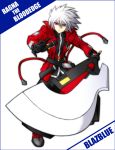  belt blazblue character_name coat gloves green_eyes heterochromia male nishizawa_io ragna_the_bloodedge red_eyes serious solo spiked_hair spiky_hair sword title_drop weapon white_background white_hair 