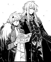  1boy 1girl absurdres aiguillette closed_mouth coat commentary_request cowboy_shot curtained_hair don_quixote_(project_moon) feather_boa flyer greyscale high_collar highres holding holding_flyer la_manchaland's_don_quixote_(project_moon) lapels limbus_company long_hair long_sleeves looking_at_another looking_down monochrome non_tarou open_clothes open_coat pants project_moon sancho_(project_moon) shirt short_hair side-by-side sidelocks simple_background smile striped_clothes striped_vest vest white_background 