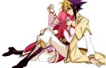  1boy 1girl green_eyes hand_holding holding_hands iii_(yuu-gi-ou_zexal) iv_(yuu-gi-ou_zexal) looking_at_viewer male multicolored_hair multiple_boys penki pink_hair simple_background two-tone_hair white_background yuu-gi-ou yuu-gi-ou_zexal 