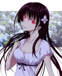  black_hair flower glowing_eyes hair_flower hair_ornament hydrangea kaeru314 long_hair looking_at_viewer photo_background red_eyes sanka_rea sankarea solo zombie 