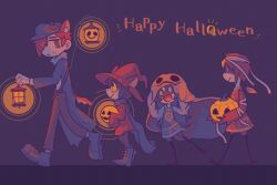  1girl 1other 2boys 8osakana_san8 :d animal_ears beak bird_boy bird_girl blue_scarf boots coat colored_sclera fox_boy fox_ears fox_tail from_side full_body ghost_costume grin happy_halloween highres holding holding_lantern lamplighter_(oneshot) lantern looking_at_another looking_back mask multiple_boys mummy_costume oneshot_(game) orange_sclera oversized_sweater pumpkin purple_hair red_hair scarf short_hair smile tail torn_clothes torn_coat walking 