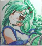  bare_shoulders brown_eyes detached_sleeves frog_hair_ornament green_hair hair_ornament hair_tubes kochiya_sanae long_hair looking_back marker_(medium) photo shikishi smile solo takana_shinno touhou traditional_media 