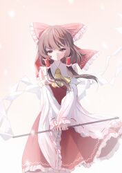  1girl absurdres ascot bow brown_eyes brown_hair commentary detached_sleeves frilled_bow frilled_hair_tubes frilled_skirt frills gohei hair_bow hair_tubes hakurei_reimu highres holding holding_gohei long_hair looking_at_viewer red_bow red_skirt ribbon-trimmed_sleeves ribbon_trim skirt skirt_set solo touhou xing_ning yellow_ascot 