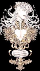  1boy alternate_hairstyle black_background braid cleavage_cutout clothing_cutout earrings giorno_giovanna gold gold_trim hashtag-only_commentary high_collar highres jewelry jojo_no_kimyou_na_bouken laurel_crown long_hair looking_at_viewer male_focus own_hands_clasped own_hands_together parted_lips pectorals simple_background solo stud_earrings upper_body vento_aureo victory_rolls wing_ornament zhhy3324 