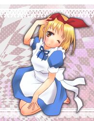  :o alice_(wonderland) alice_(wonderland)_(cosplay) alice_in_wonderland annaka_haruna apron barefoot blonde_hair bow cosplay dress frills fukiya hair_bow head_tilt looking_at_viewer nichijou ribbon seiza short_hair short_sleeves sitting solo wink yellow_eyes 