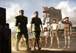  5boys age_difference artist_request belt black_hair blonde_hair boots box brown_hair brown_shorts cable clouds cloudy_sky cup dust dust_cloud epaulettes facial_hair gundam gundam_0083 gundam_08th_ms_team gundam_perfect_file hat highres mecha military military_hat military_rank_insignia military_uniform mobile_suit mobile_suit_gundam multiple_boys mustache official_art painting_(medium) promotional_art realistic robot salute sandbag scan science_fiction shield shorts shoulder_spikes sitting sky soldier spikes towel traditional_media trench walking zaku zaku_ii zeon 