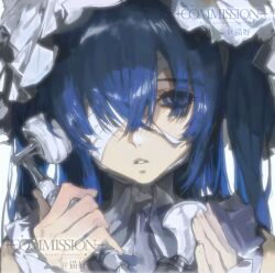  1girl bdsm blue_eyes blue_hair bondage bound chinese_commentary commentary_request commission highres long_bangs long_hair maohao original portrait receiver solo 