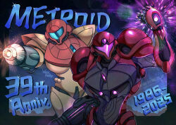  1girl anniversary arm_cannon armor border commentary_request copyright_name dual_persona full_armor helmet highres light_particles metroid metroid_prime_4:_beyond samus_aran signature upper_body wakaba_(wata_ridley) watermark weapon 
