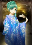  alternate_costume alternate_hairstyle fan folding_fan green_eyes green_hair japanese_clothes kimono kochiya_sanae masatome solo touhou 