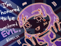  1girl :d absurdres amelia_(pathways) blunt_bangs choker choukyouin commentary_request english_text flag_tattoo grin hashtag highres jacket jacket_over_dress mole mole_under_eye open_clothes open_hands open_jacket outline pathways_(game) politics portrait purple_theme short_hair smile solo union_jack united_kingdom white_outline 