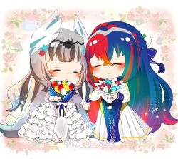  2girls absurdly_long_hair adapted_costume black_hair blue_dress blue_flower blue_hair blue_ribbon blunt_bangs blush bouquet braid chibi chibi_only closed_eyes closed_mouth commentary_request crossed_bangs dress female_alear_(fire_emblem) female_alear_(sister_dragons)_(fire_emblem) fire_emblem fire_emblem_engage fire_emblem_heroes floral_border flower frilled_dress frills gown grey_hair h_u_sss hair_between_eyes hair_flower hair_ornament hair_ribbon half-siblings half_up_braid highres holding holding_bouquet holding_hands layered_dress long_dress long_hair long_sleeves multicolored_hair multiple_girls official_alternate_costume pleated_dress red_flower red_hair red_tulip ribbon siblings sisters sleeve_cuffs smile sparkle split-color_hair standing star_(symbol) tiara tulip twitter_username two-tone_hair very_long_hair veyle_(fire_emblem) veyle_(sister_dragons)_(fire_emblem) wavy_hair white_background white_dress white_flower white_tulip wing_hair_ornament yellow_flower yellow_tulip 