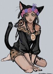  1girl animal_ears bare_shoulders black_hair black_nails breasts cat_ears cat_tail dark-skinned_female dark_skin dragona_joestar dreadlocks eyelashes flower green_eyes hair_ornament head_wreath highres jewelry jojo_no_kimyou_na_bouken kneeling miniskirt naru_tomaki necklace off-shoulder_shirt off_shoulder shirt skirt solo tail the_jojolands trap 