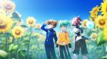  baggy_pants belt blue_eyes brown_hair erian fei_rune fey_rune fingerless_gloves flower gloves green_eyes green_hair headset highres inazuma_eleven inazuma_eleven_(series) inazuma_eleven_go inazuma_eleven_go_chrono_stone long_hair matsukaze_tenma purple_hair short_hair sky sunflower twintails 