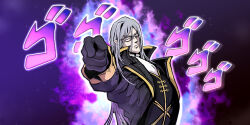  1boy absurdres araki_hirohiko_(style) aura black_coat black_vest blue_aura blue_fire coat commentary_request fang fire fringe-trimmed_jacket glasses grey_eyes grey_hair highres hololive hololive_english holostars holostars_english jojo_pose korean_commentary kujo_jotaro's_pose long_hair menacing_(jojo) minchi_(anda) noir_vesper noir_vesper_(old_design) pointing pointing_at_viewer pointy_ears serious solo sparkle vampire vest 
