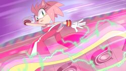  1girl alternate_costume amy_rose anime_coloring blurry blurry_background dress electricity furry furry_female green_eyes hedgehog_girl highres motion_lines pants pink_hair red_dress red_pants ririkuma0530 snowboard snowboarding solo sonic_(series) sonic_the_hedgehog_(idw) 