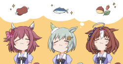  3girls :3 acorn animal animal_ears blush_stickers boned_meat brown_background brown_flower brown_hair chestnut chibi closed_eyes closed_mouth commentary_request ears_down fish flower food grey_hair hair_flower hair_ornament hairband hairclip horse_ears horse_girl horse_tail meat medium_hair meisho_doto_(umamusume) multicolored_hair multiple_girls pink_flower pink_hairband red_flower sakura_chiyono_o_(umamusume) school_uniform seiun_sky_(umamusume) simple_background tail tracen_school_uniform tuna two-tone_hair umamusume upper_body usako_(umauma0602) white_hair 