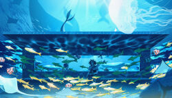  2boys 2girls absurdres ahoge artist_name bag blonde_hair blue_skirt blue_theme closed_eyes commentary dated english_commentary film_grain fish freediving highres holding holding_bag jellyfish looking_at_another mermaid merman monster_boy monster_girl multiple_boys multiple_girls ocean open_mouth original paper pleated_skirt sailor_collar scenery school_uniform seafloor shirt short_hair short_sleeves sitting skirt sleeping teardrops_(user_vgvd7733) teeth tumbler underwater whale white_shirt wide_shot 