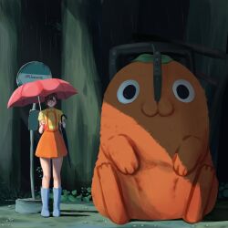  1girl 1other absurdres boots brown_hair bus_stop_sign chainsaw_man hair_ornament hairclip higashiyama_kobeni highres holding holding_umbrella l1amanade leaf leaf_on_head looking_at_viewer mole mole_under_eye mole_under_mouth orange_skirt pochita_(chainsaw_man) ponytail rain red_umbrella rubber_boots scene_reference shirt short_sleeves single_sidelock skirt suspender_skirt suspenders thighs tonari_no_totoro totoro_bus_stop umbrella yellow_shirt 