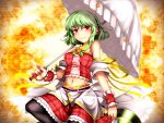  bare_shoulders flower green_hair headphones highres holding kazami_yuuka kazetto midriff navel pantyhose short_hair smile solo striped touhou umbrella wrist_cuffs youkai 