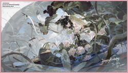  1girl absurdres animal artist_name beads bird black_hair black_hat border bouquet bug commission dragonfly eteru flower green_eyes happy_birthday hat highres holding holding_bouquet long_sleeves looking_at_viewer lotus lotus_leaf medium_hair mihuashi_commission original outdoors pink_border pink_flower solo stork sunlight water weeds 