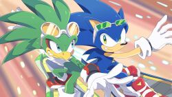  2boys anime_coloring bird_boy feathers furry furry_male gloves goggles goggles_on_head green_eyes green_feathers grin hedgehog_boy highres jet_the_hawk male_focus multiple_boys racing ririkuma0530 smile snowboard snowboarding sonic_(series) sonic_the_hedgehog sonic_the_hedgehog_(idw) white_gloves 