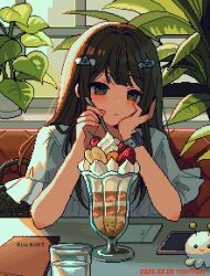  1girl artist_name blush brown_eyes brown_hair cellphone check_commentary commentary_request couch cup dated dessert dress drinking_glass elbow_on_table food glass hair_ornament hand_on_own_cheek hand_on_own_face holding holding_spoon indoors long_hair long_sidelocks looking_at_viewer nanami_yuki_(yuki77mi) no_nose on_couch original parfait parfait_glass phone pixel_art short_sleeves sidelocks sitting smartphone solo spoon swept_bangs table watch white_dress 