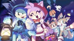  2boys 2girls :d alice_(alice_in_wonderland) alice_(alice_in_wonderland)_(cosplay) alternate_costume amy_rose apron aqua_dress basket brown_eyes chao_(sonic) cheese_(sonic) cloak coat cosplay cream_the_rabbit dress flashlight furry furry_female furry_male goggles goggles_on_head green_coat green_eyes halloween halloween_costume highres hood hooded_cloak lantern little_red_riding_hood_(fairy_tale_character) little_red_riding_hood_(fairy_tale_character)_(cosplay) locked_arms multiple_boys multiple_girls night red_cloak red_dress ririkuma0530 smile sonic_(series) sonic_the_hedgehog sweatdrop tails_(sonic) waist_apron walking werewolf_costume 