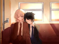  2boys akinashi_haru black_suit blue_necktie brown_cardigan brown_necktie brown_pants cardigan collared_shirt commentary_request dress_shirt happy head_on_another's_shoulder lapels male_focus multiple_boys necktie one_eye_closed pants rianioi saihate_eki shirt sitting smile suit sunset tatsunami_shion train_interior white_shirt window 