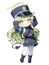  1girl absurdres armband black_boots black_hat black_jacket black_skirt blue_archive blue_armband boots buttons chibi chibi_only closed_mouth demon_tail double-breasted full_body gloves green_hair green_halo halo hat highres hikari_(blue_archive) jacket kepi long_hair long_sleeves military_hat miniskirt pantyhose pleated_skirt pointy_ears rabbit_pose rim_(rimmon2438) skirt solo tail white_gloves white_pantyhose yellow_eyes 