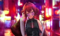  1girl ange_katrina ange_katrina_(china_dress) arm_tattoo belt black_belt black_dress blurry blurry_background china_dress chinese_clothes crossed_bangs double_bun dress evil_smile floral_print floral_print_dress floral_print_jacket gradient-tinted_eyewear hair_between_eyes hair_bun hair_intakes hair_ornament hand_up hashtag-only_commentary head_tilt highres hisuikohaku jacket long_sleeves looking_at_viewer multiple_belts nijisanji open_clothes open_jacket open_mouth outdoors pankou pink-tinted_eyewear print_dress purple-tinted_eyewear red_hair red_jacket rimless_eyewear round_eyewear single_bare_shoulder single_off_shoulder sleeveless sleeveless_dress smile solo straight-on tassel tassel_hair_ornament tattoo tinted_eyewear upper_body violet_eyes virtual_youtuber wide_sleeves x_hair_ornament 