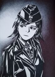 1girl absurdres bordfunker133 closed_mouth commentary_request cross expressionless greyscale highres iron_cross luftwaffe marseille-chan_(bordfunker133) monochrome narrowed_eyes nazi original photo_(medium) reichsadler simple_background solo swastika traditional_media upper_body 