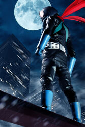  1boy absurdres aqua_boots aqua_gloves arms_at_sides belt boots building city commentary figure_(medium) from_below full_moon gloves highres ito_nobuhiko jacket kamen_rider kamen_rider_(1st_series) kamen_rider_1 leather leather_jacket leather_pants moon night outdoors pants photo_(medium) photo_background photoshop_(medium) red_scarf rider_belt scarf sky solo standing steel_beam wind window 