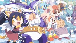  1boy 3girls anime_coloring big_the_cat black_hair cheering cheese_(sonic) clapping cream_the_rabbit dress furry furry_female furry_male gloves highres honey_the_cat multiple_girls orange_dress people pom_pom_(cheerleading) red_dress ririkuma0530 shouting sitting sonic_(series) sonic_the_hedgehog_(idw) twintails vanilla_the_rabbit white_gloves 